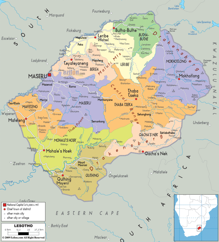 Bản đồ hành chính Lesotho khổ lớn