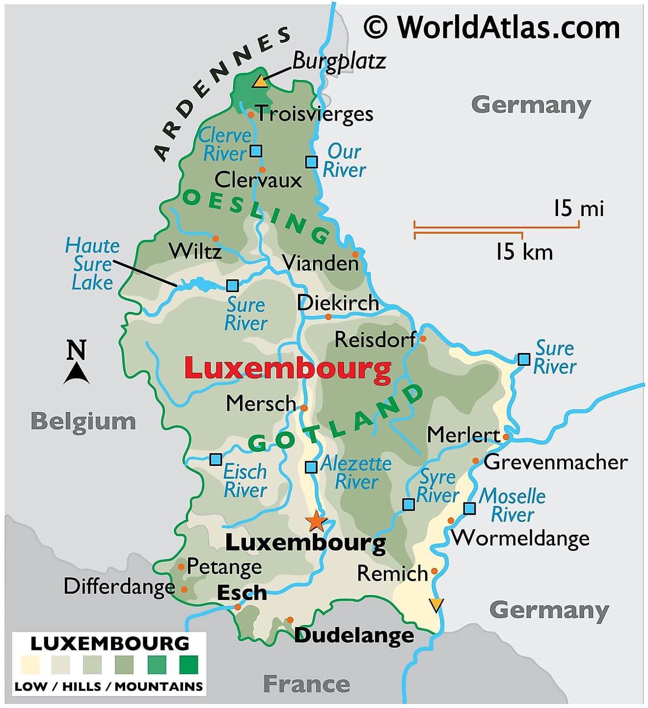 Bản đồ vật lý của Luxembourg