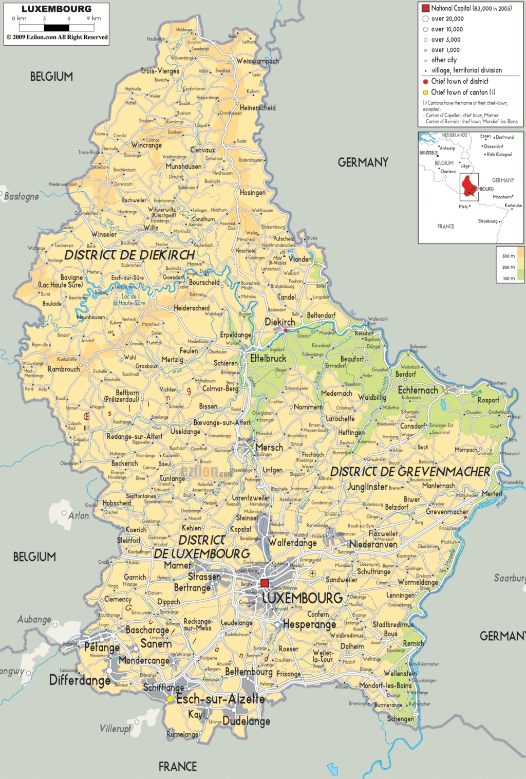 Luxembourg physical map.