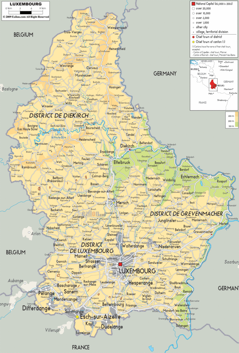 Bản đồ tự nhiên Luxembourg khổ lớn