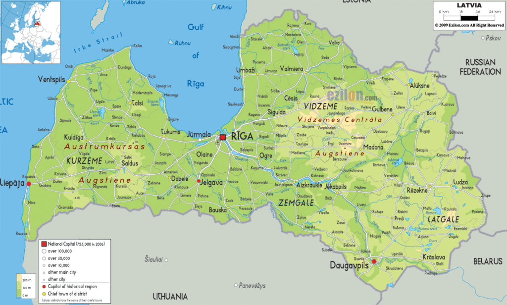 Bản đồ vật lý Latvia