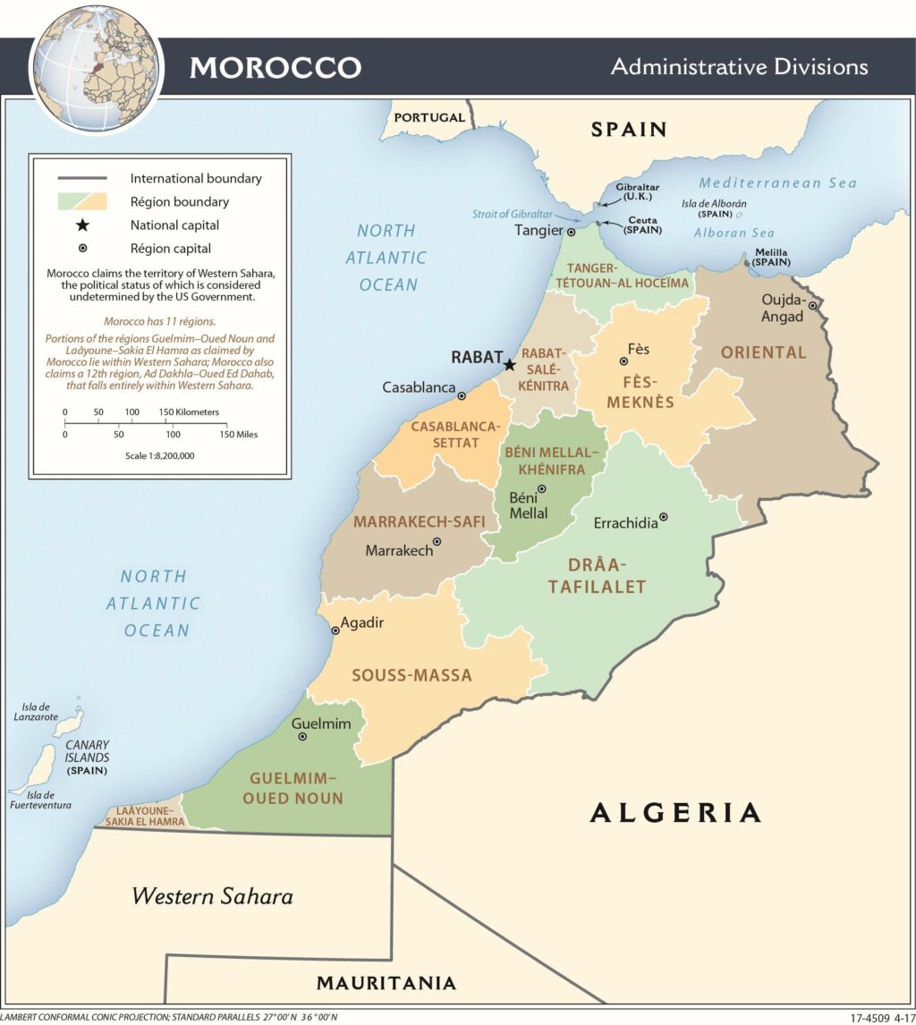 Morocco administrative map.