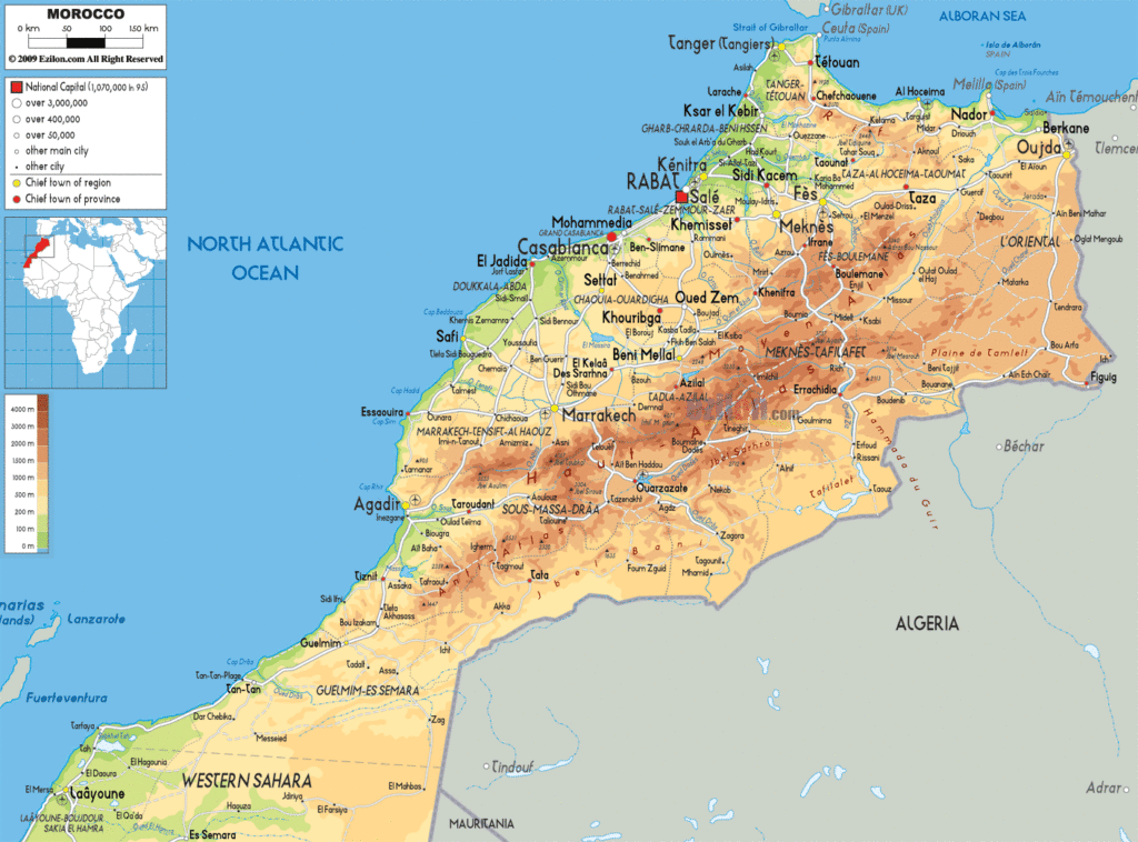 Morocco physical map.