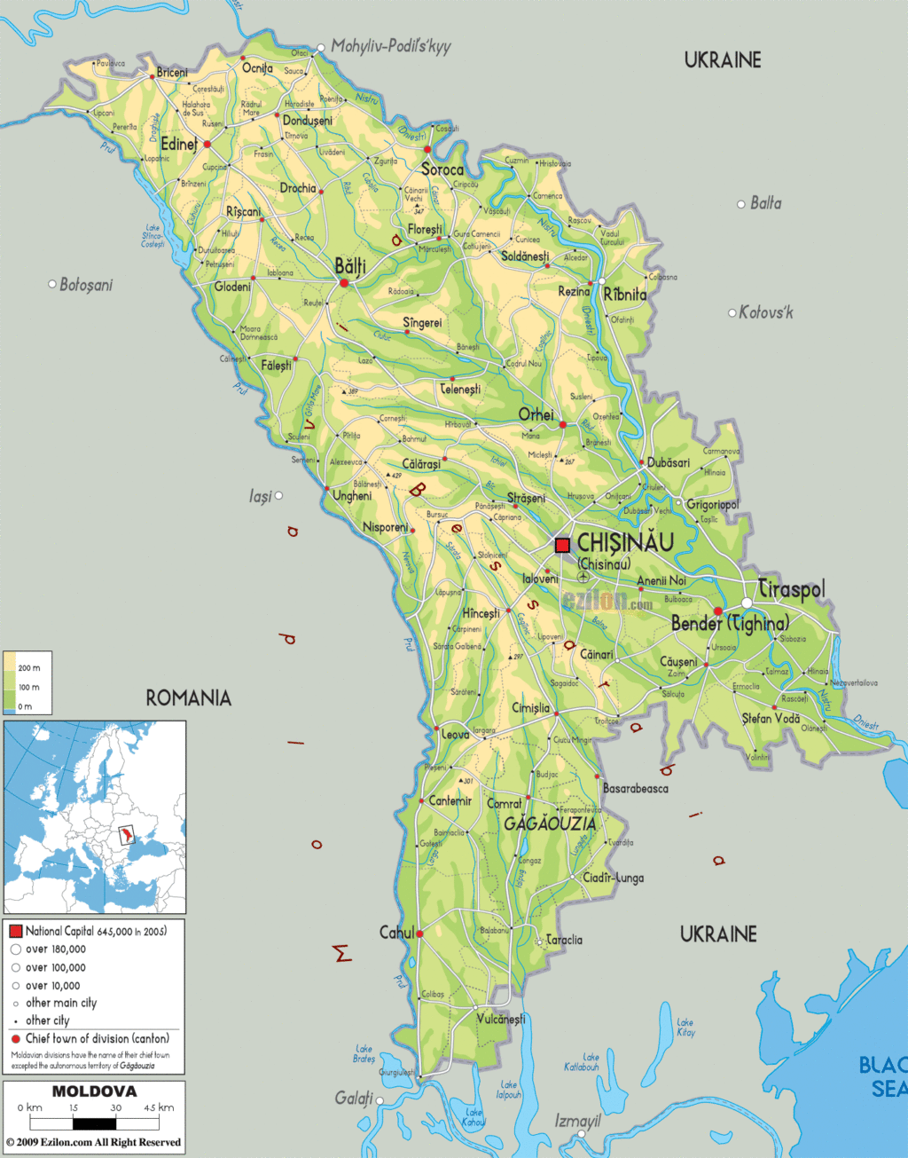 Moldova physical map.