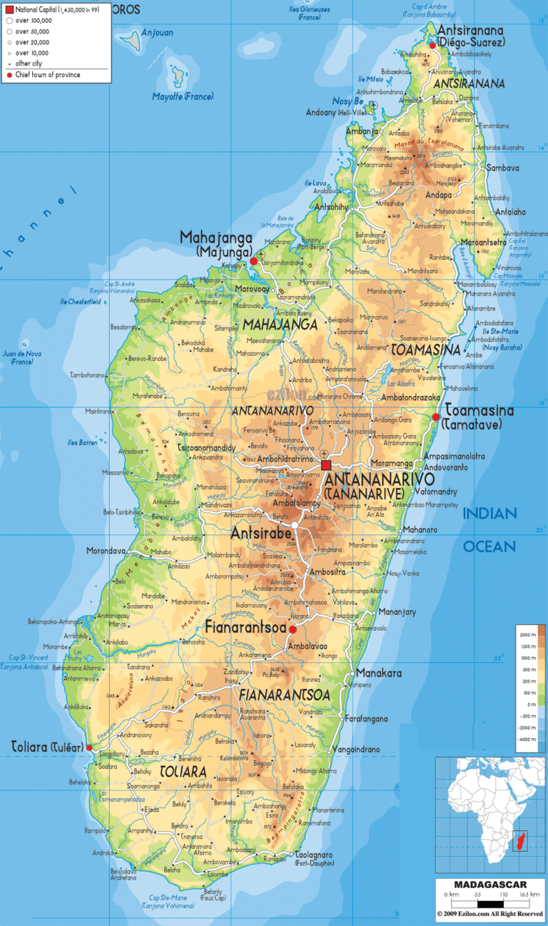 Bản đồ tự nhiên Madagascar khổ lớn