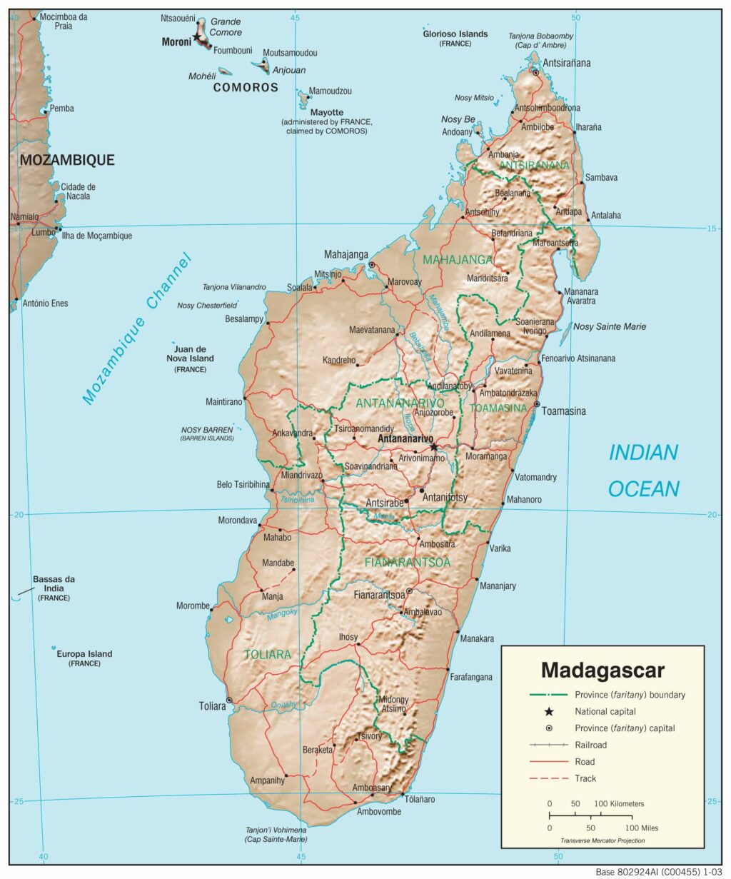 Madagascar physiography map.