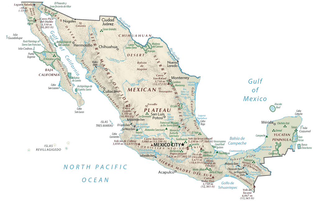 Bản đồ vật lý Mexico