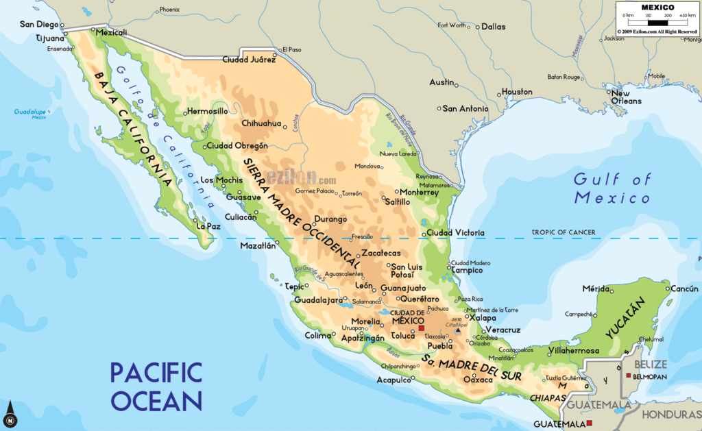 Mexico physical map.