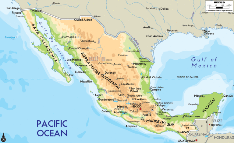 Bản đồ tự nhiên Mexico khổ lớn