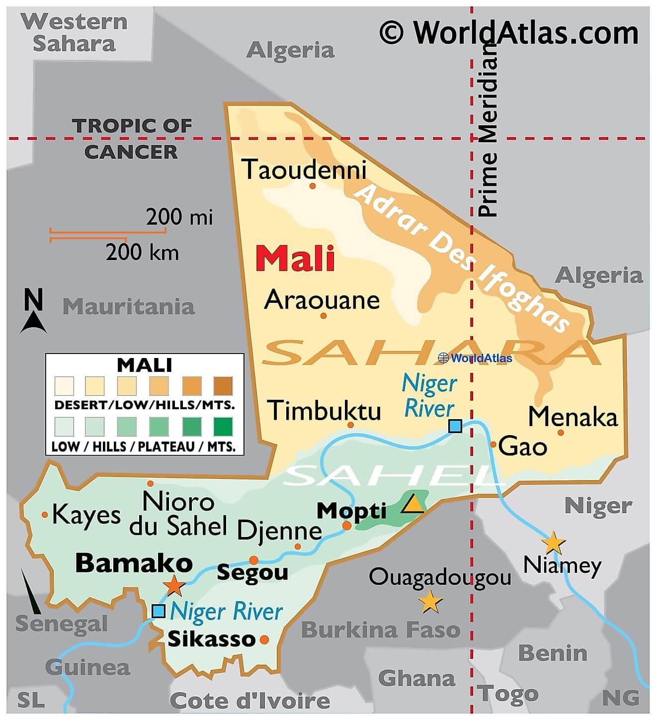 Physical Map of Mali