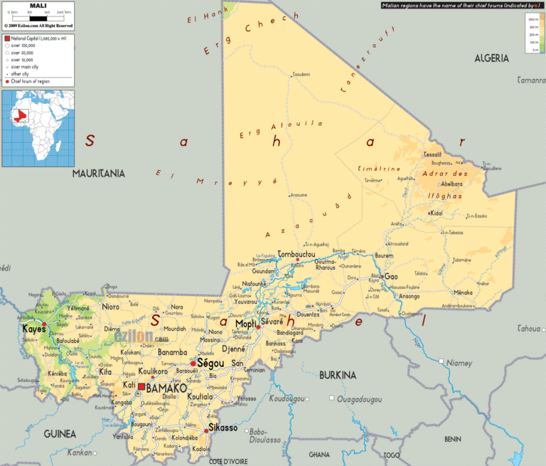 Bản đồ tự nhiên Mali khổ lớn