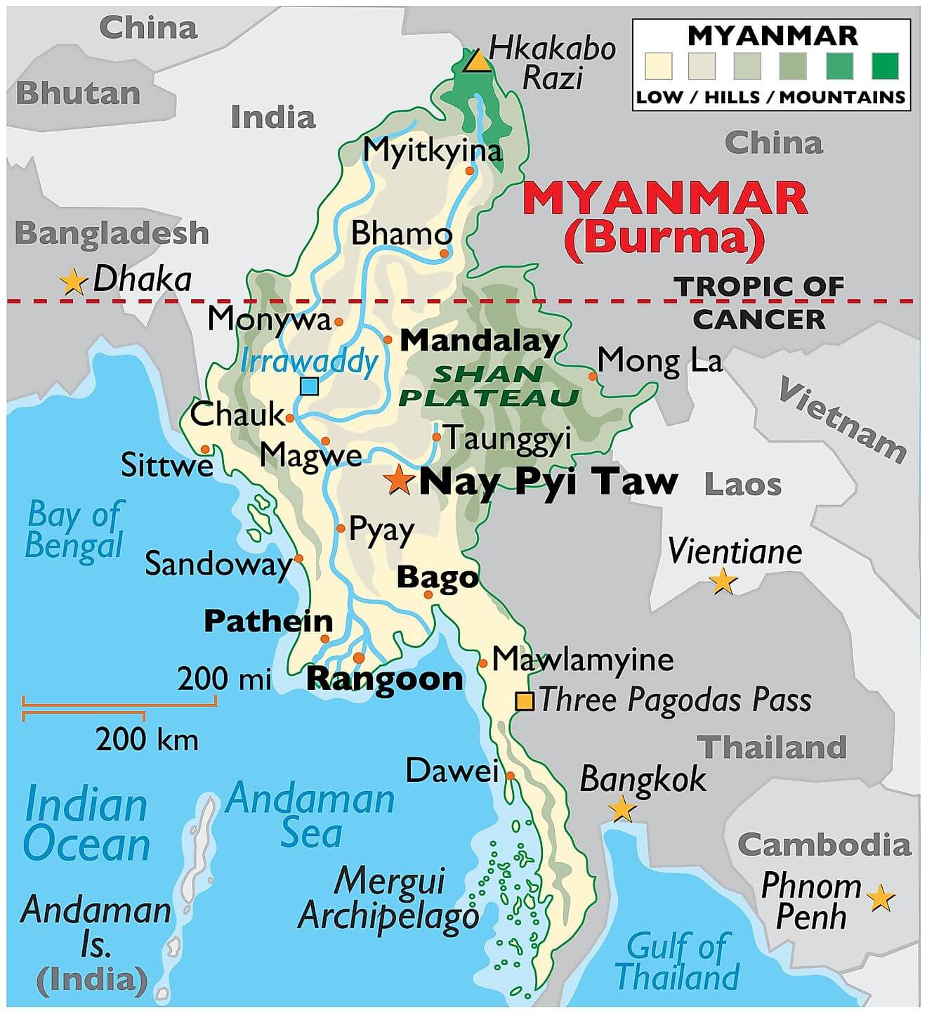 Bản đồ vật lý của Myanmar