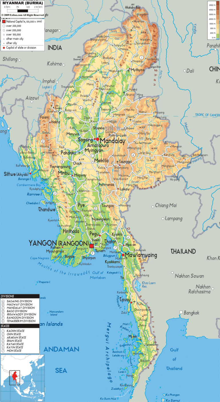Bản đồ tự nhiên Myanmar khổ lớn