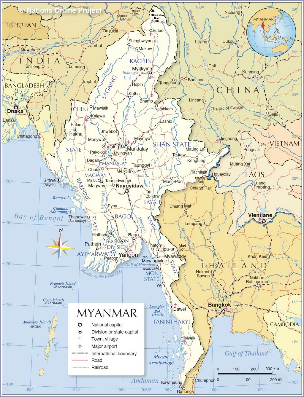 Bản đồ hành chính của Myanmar với các thành phố, đường chính và đường sắt