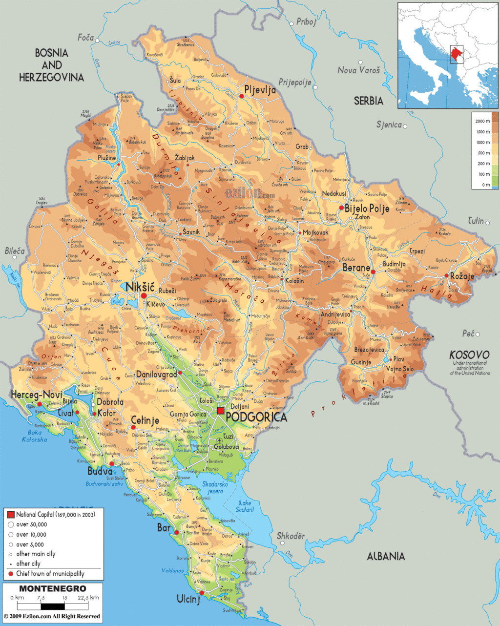 Montenegro physical map.