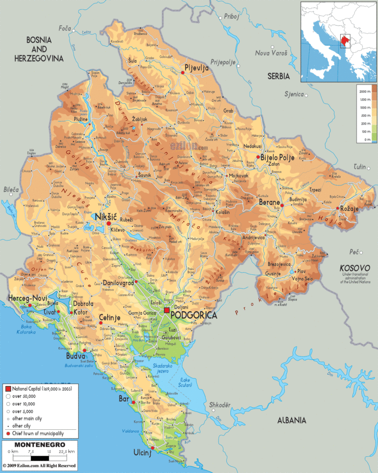 Bản đồ tự nhiên Montenegro khổ lớn