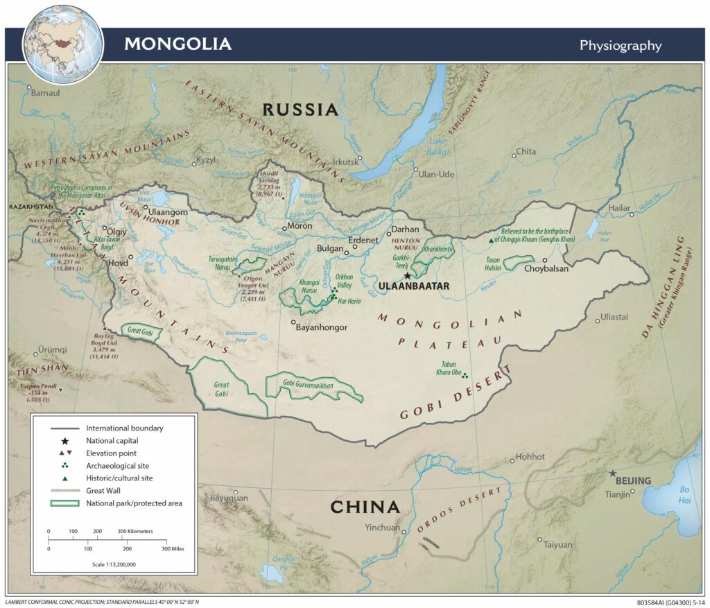 Mongolia physiography map.