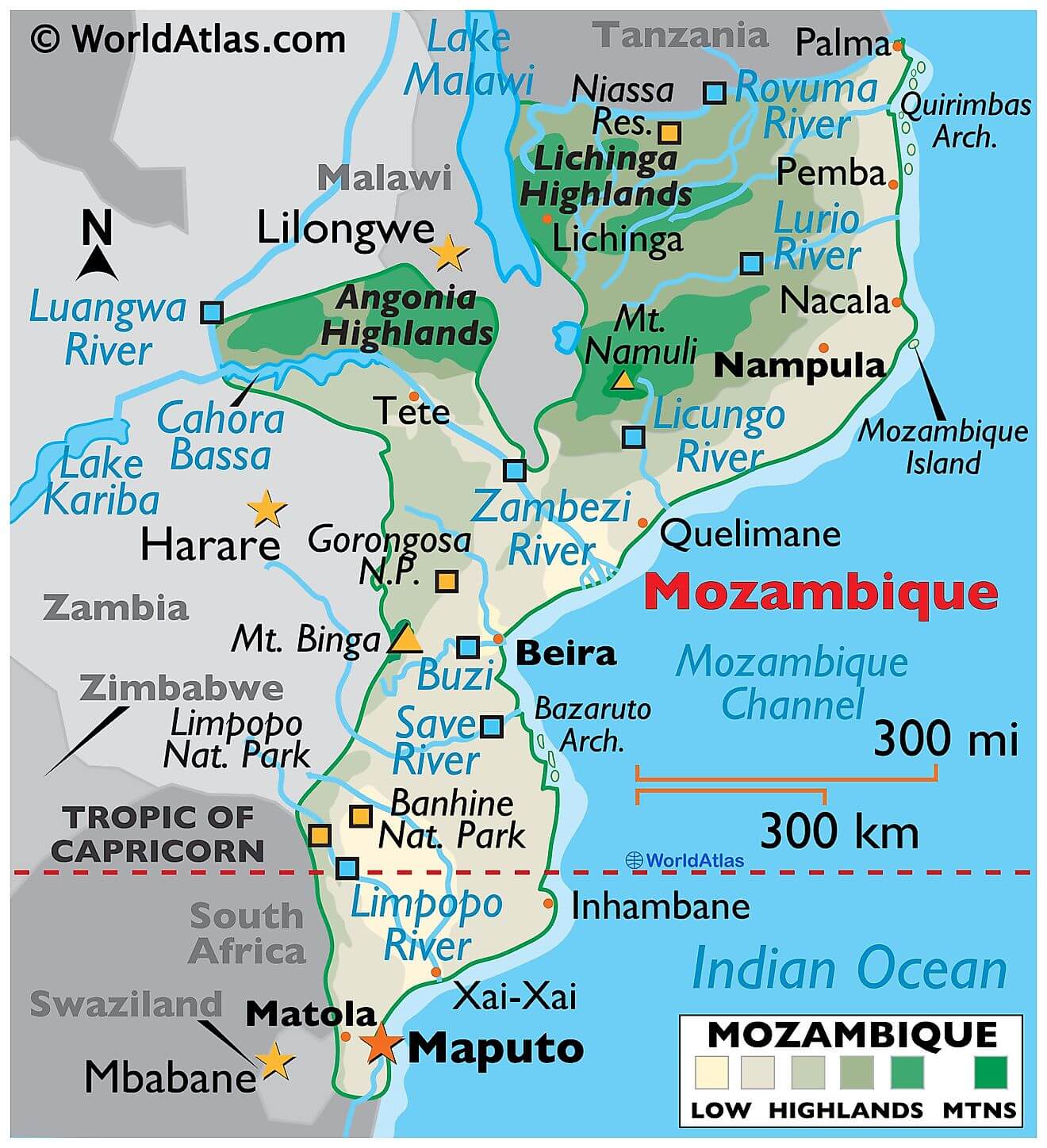 Bản đồ vật lý của Mozambique