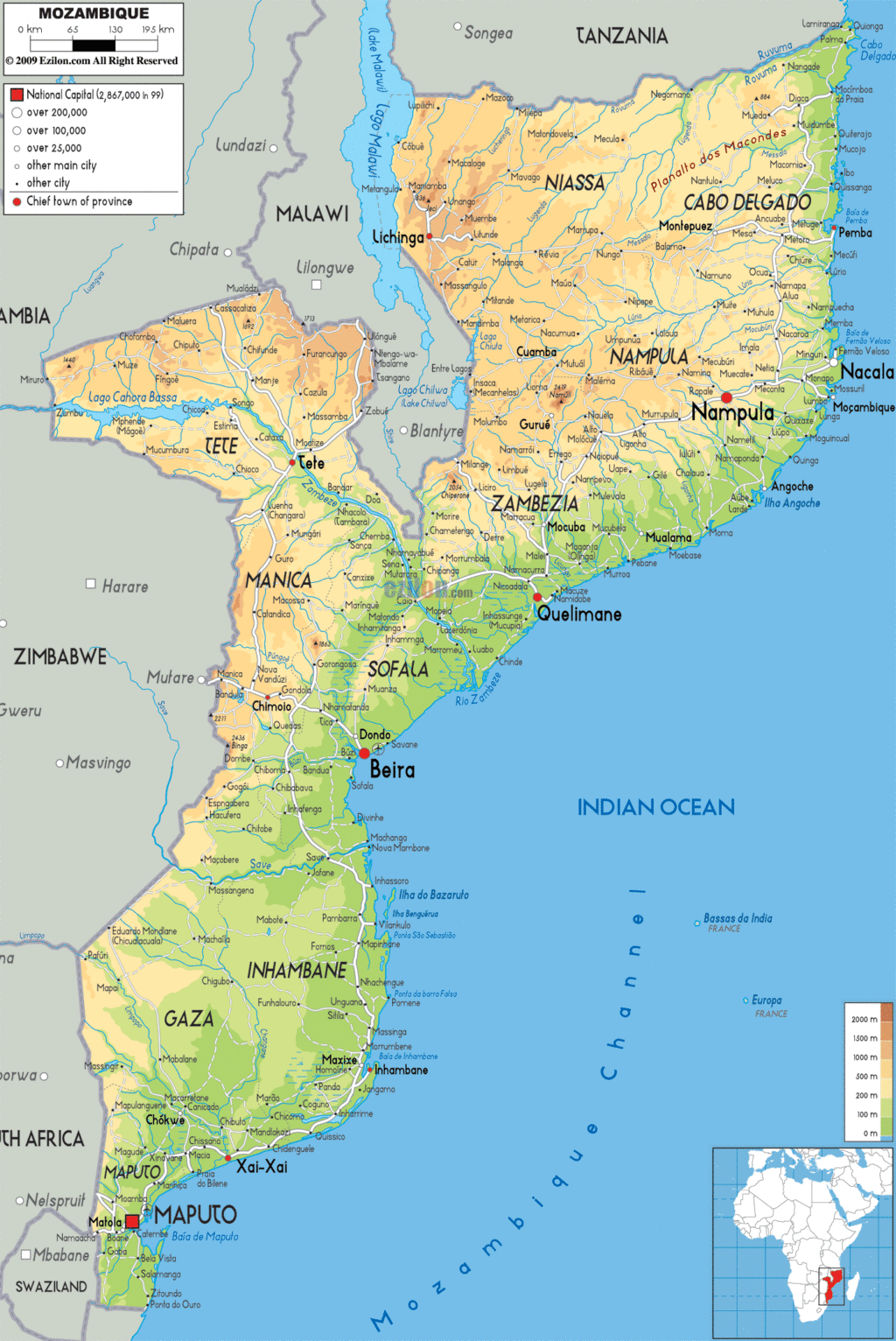 Bản đồ vật lý Mozambique