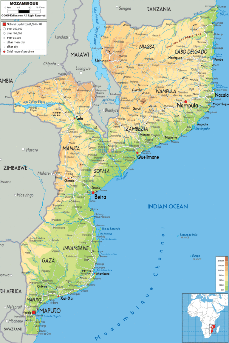 Bản đồ tự nhiên Mozambique khổ lớn