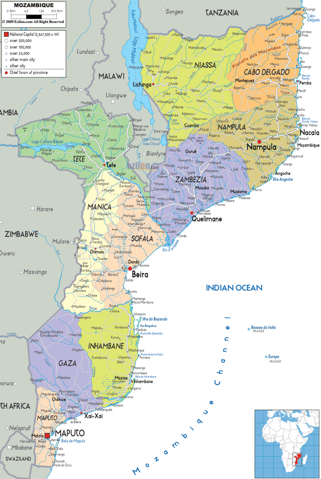 Mozambique political map.