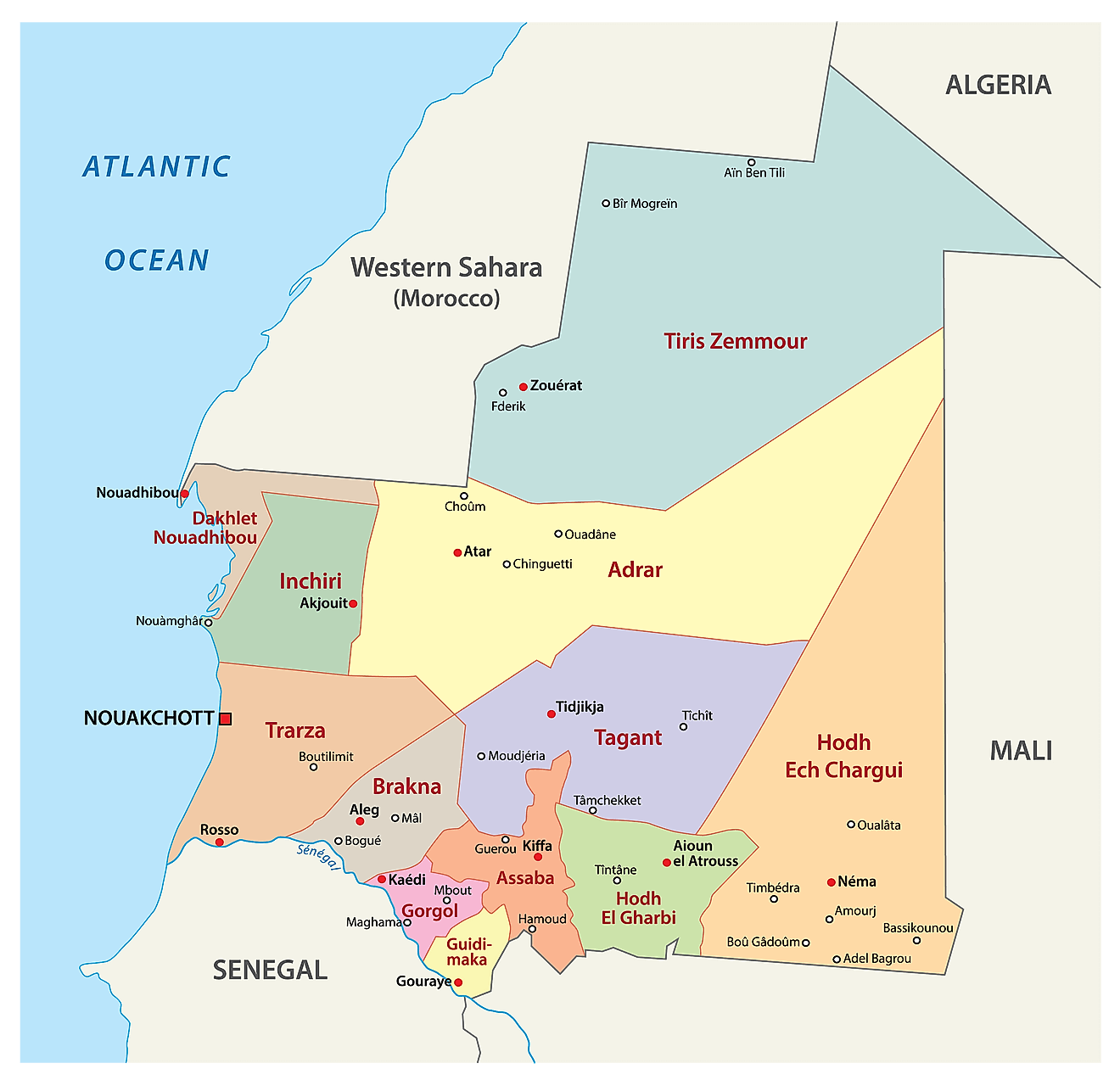 Các khu vực của Mauritanie Bản đồ