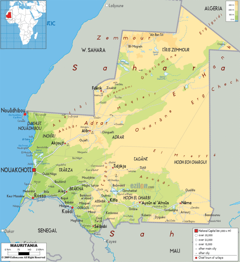 Bản đồ tự nhiên Mauritania khổ lớn