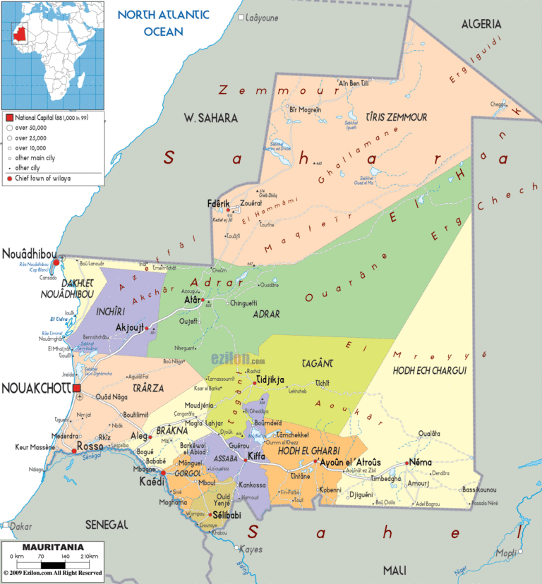 Bản đồ hành chính Mauritania khổ lớn