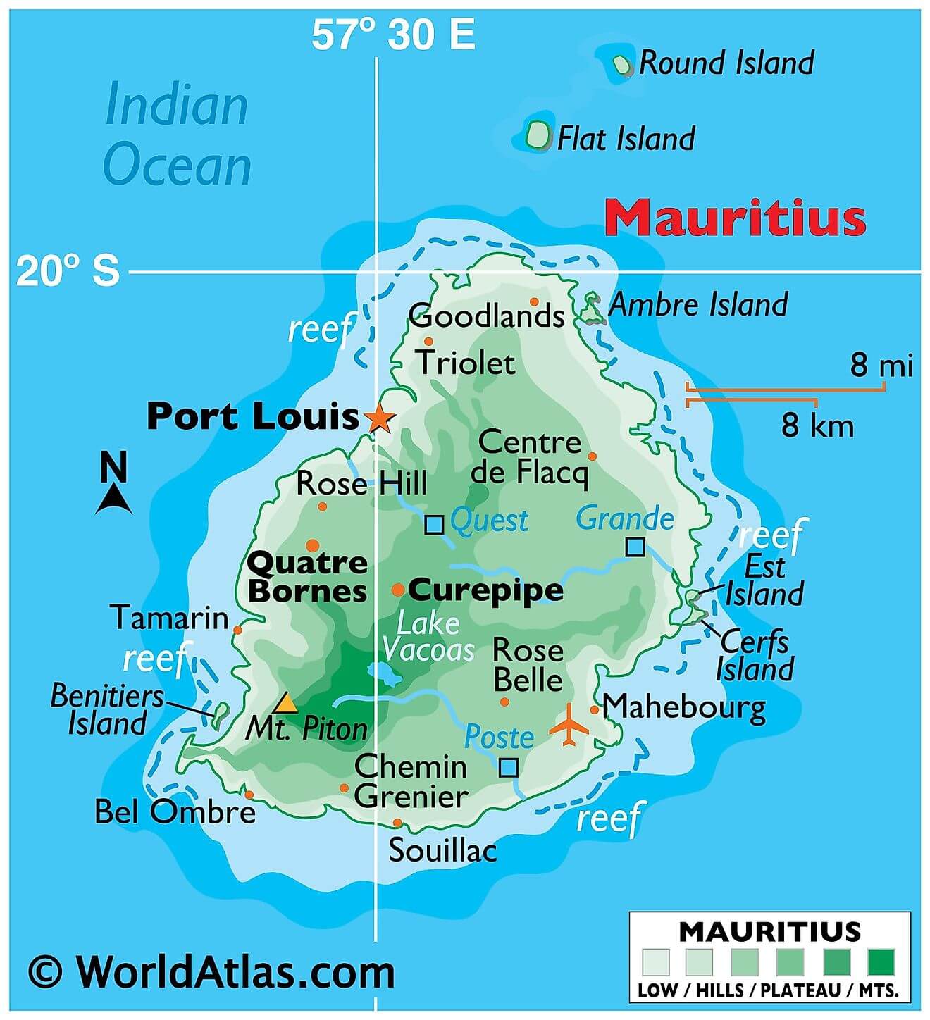 Bản đồ vật lý của Mauritius