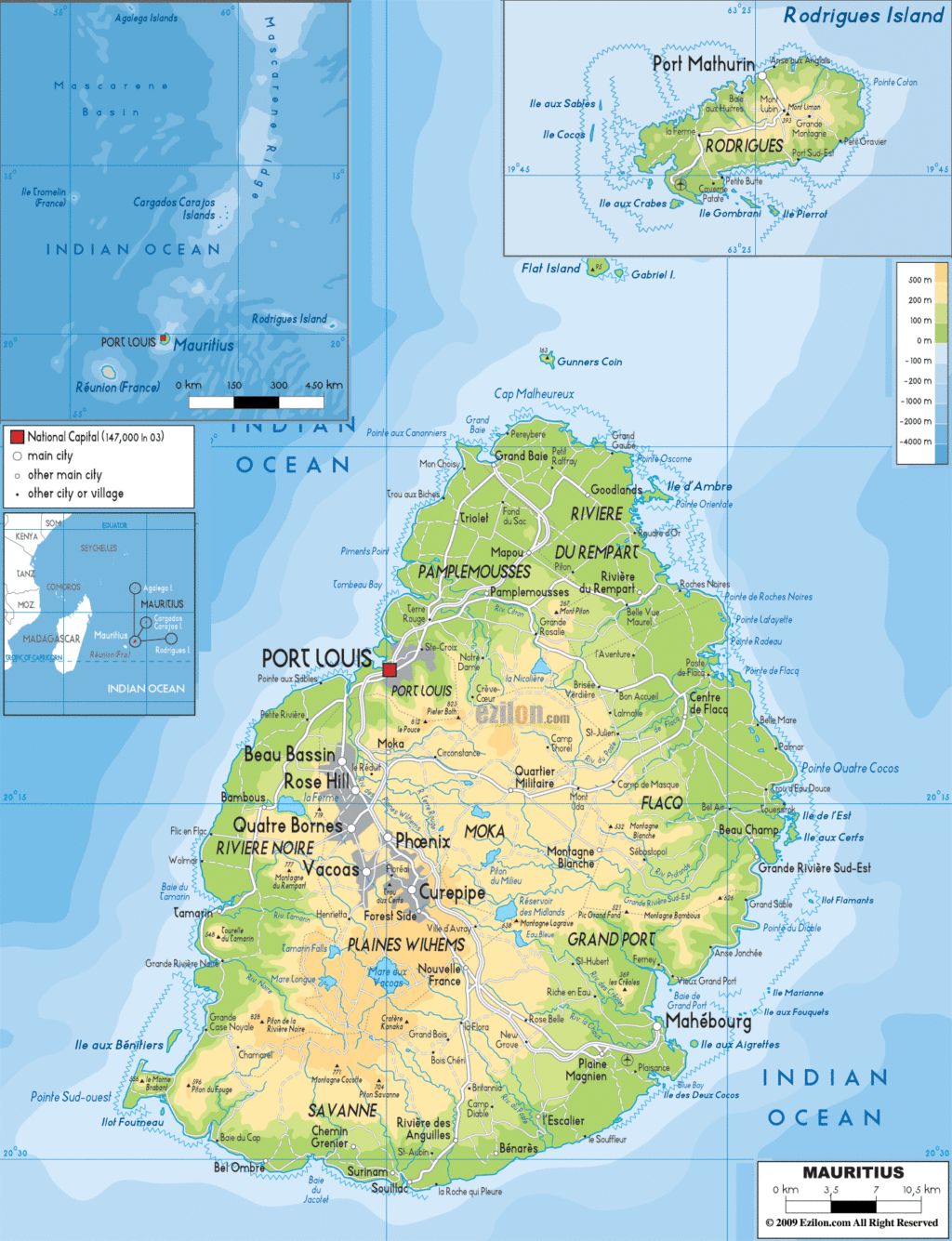 Mauritius physical map.
