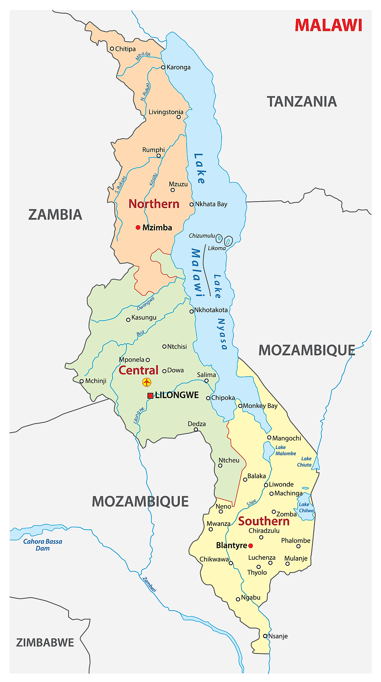 Các khu vực và quận của Malawi Bản đồ
