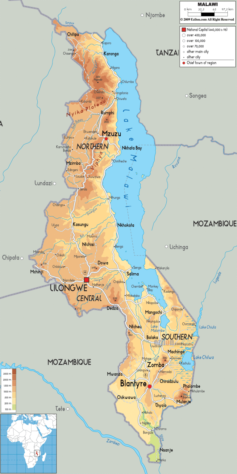 Bản đồ tự nhiên Malawi khổ lớn