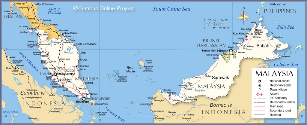 Bản đồ hành chính Malaysia, thể hiện Bán đảo Malaysia và Đông Malaysia