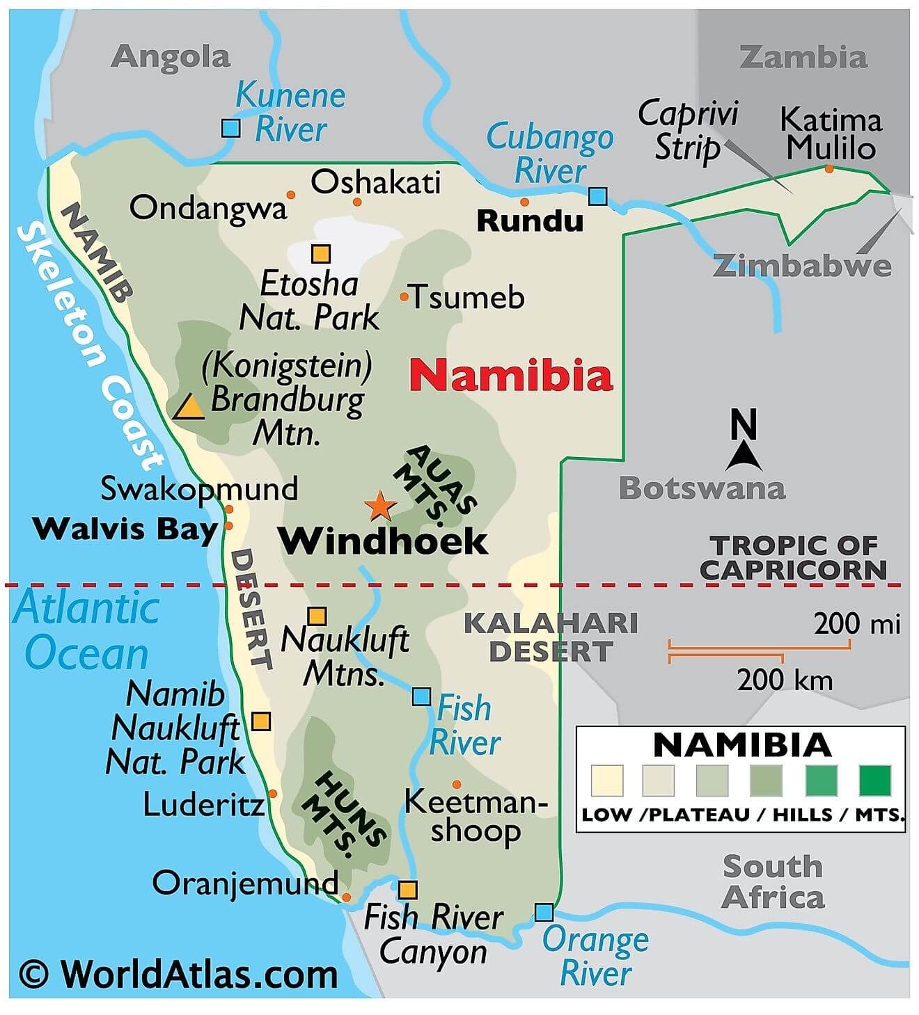 Physical Map of Namibia