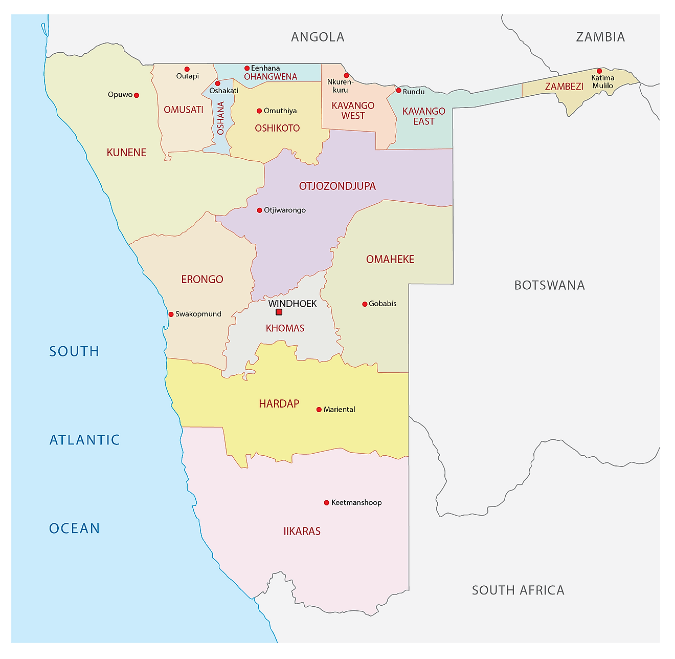 Các khu vực của Namibia Bản đồ