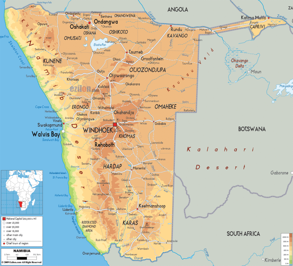 Namibia physical map.