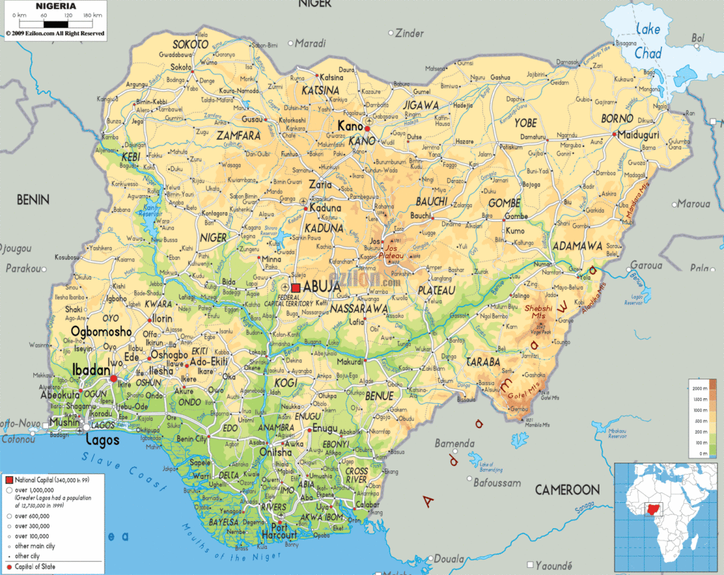 Nigeria physical map.