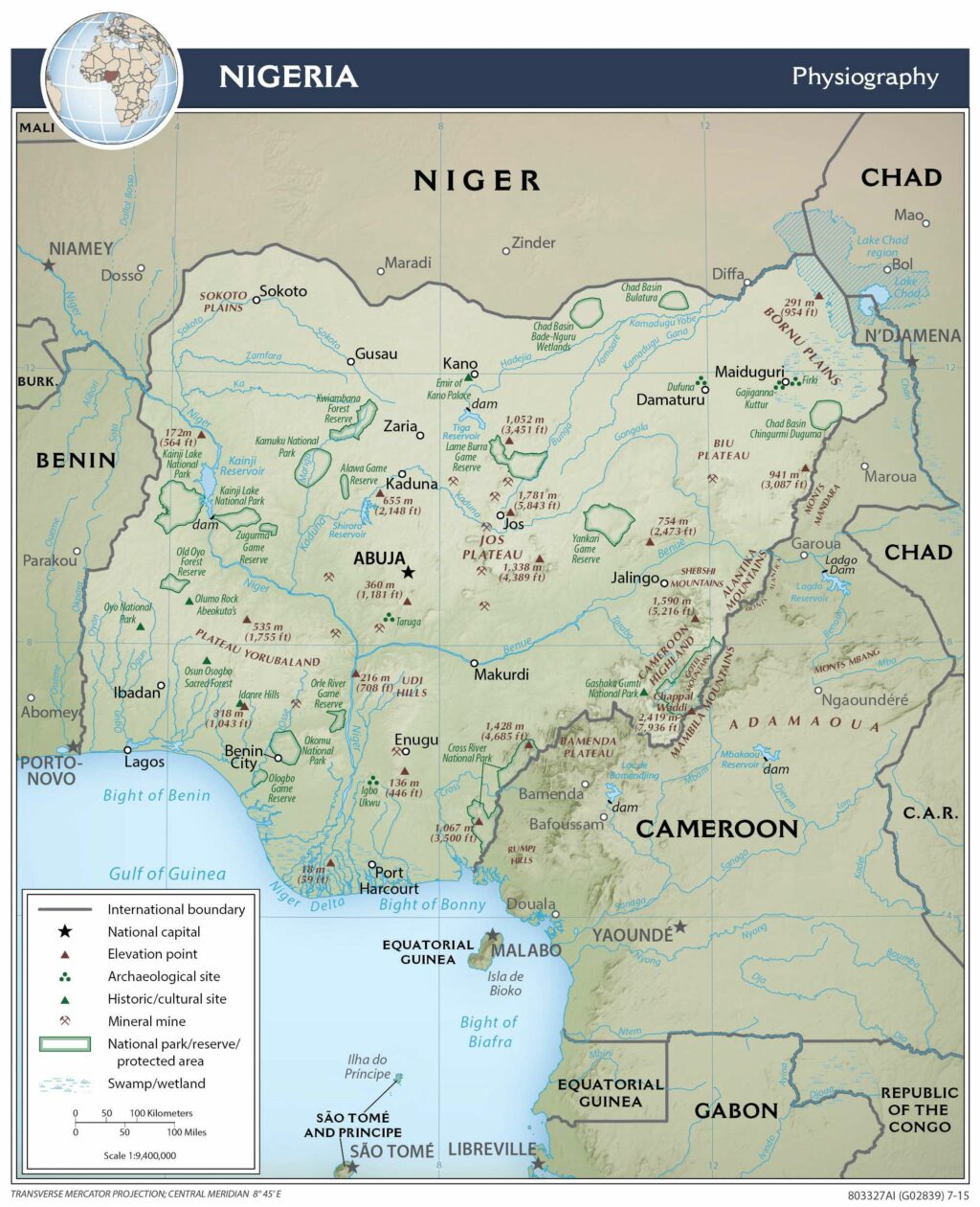 Nigeria physiography map.