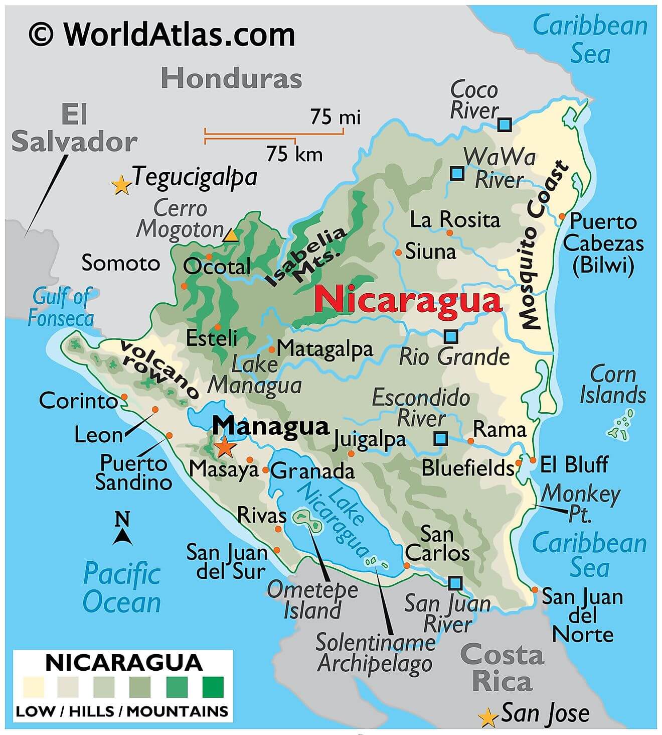 Bản đồ vật lý của Nicaragua