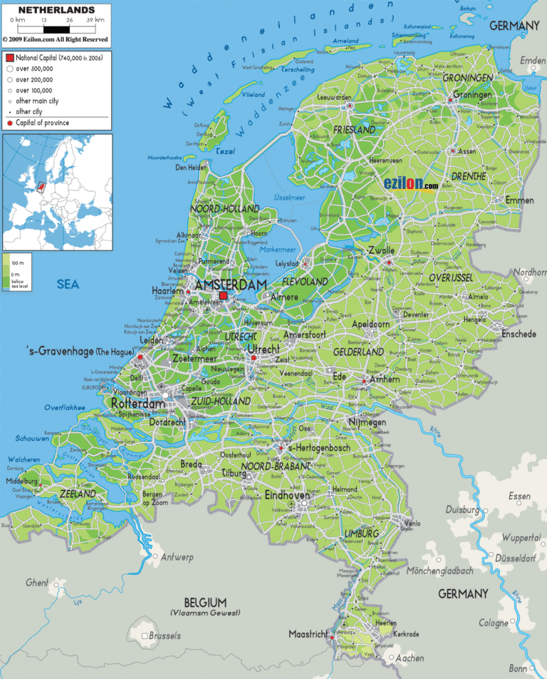 Bản đồ tự nhiên Hà Lan khổ lớn