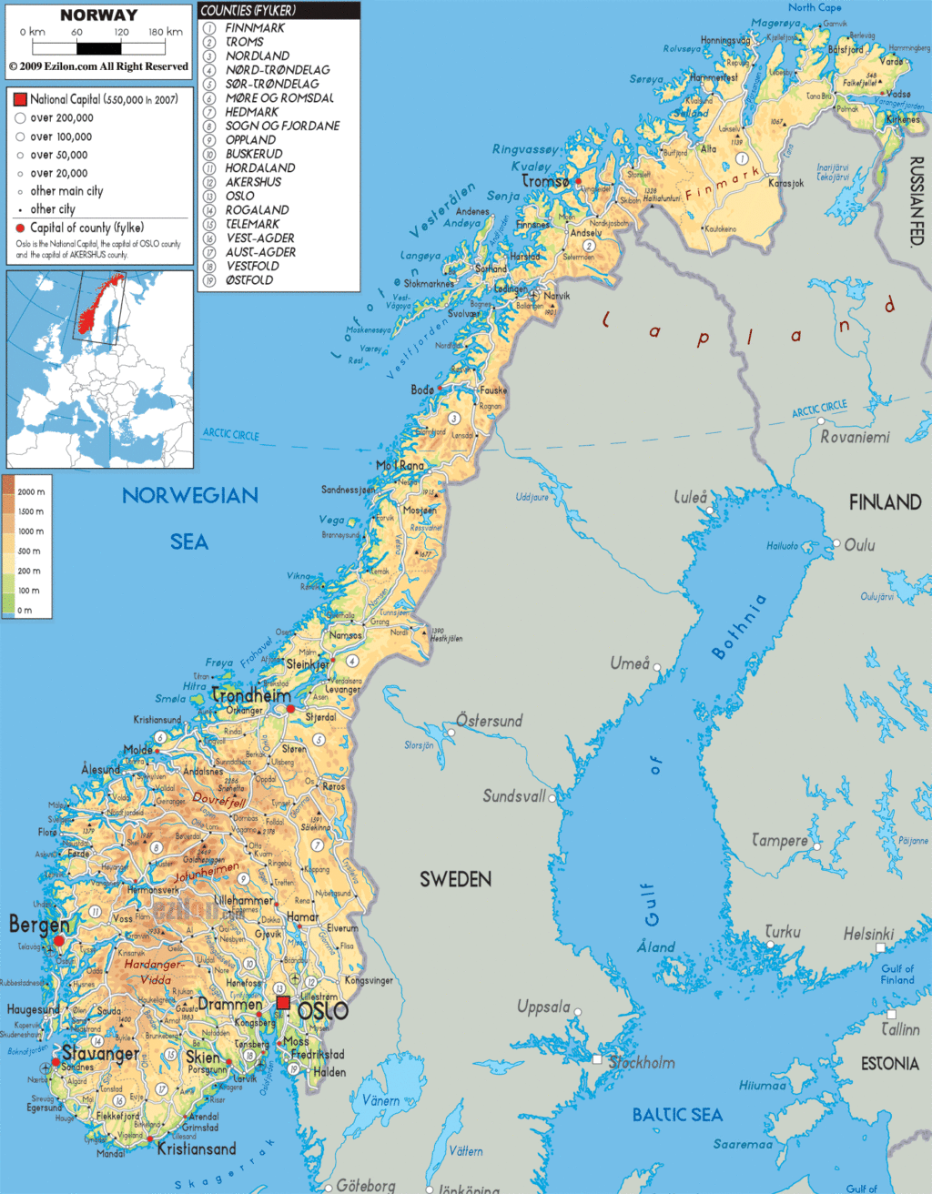 Bản đồ vật lý Na Uy