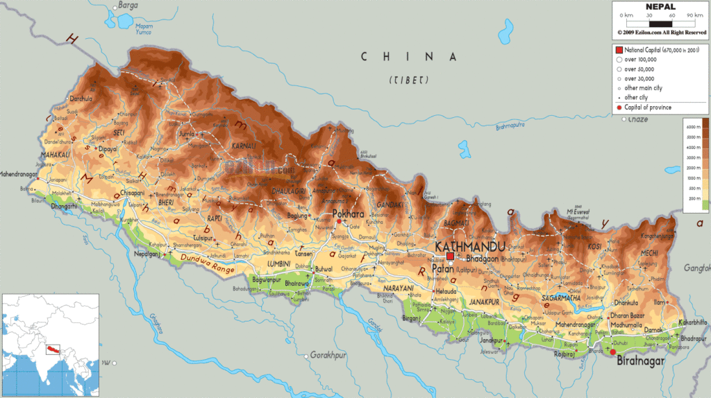 Nepal physical map.