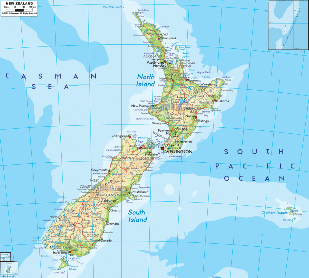 New Zealand physical map.