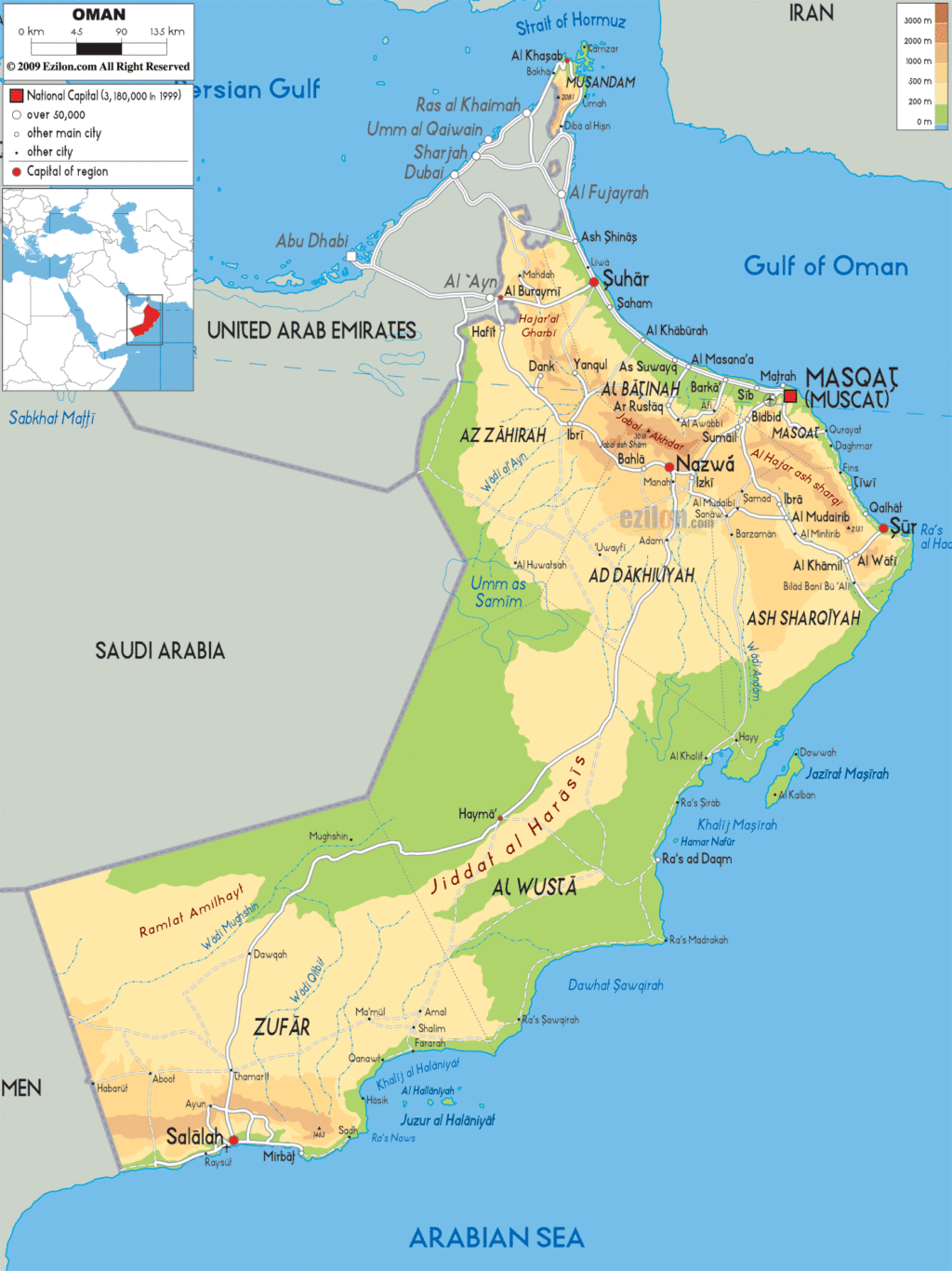 Oman physical map.