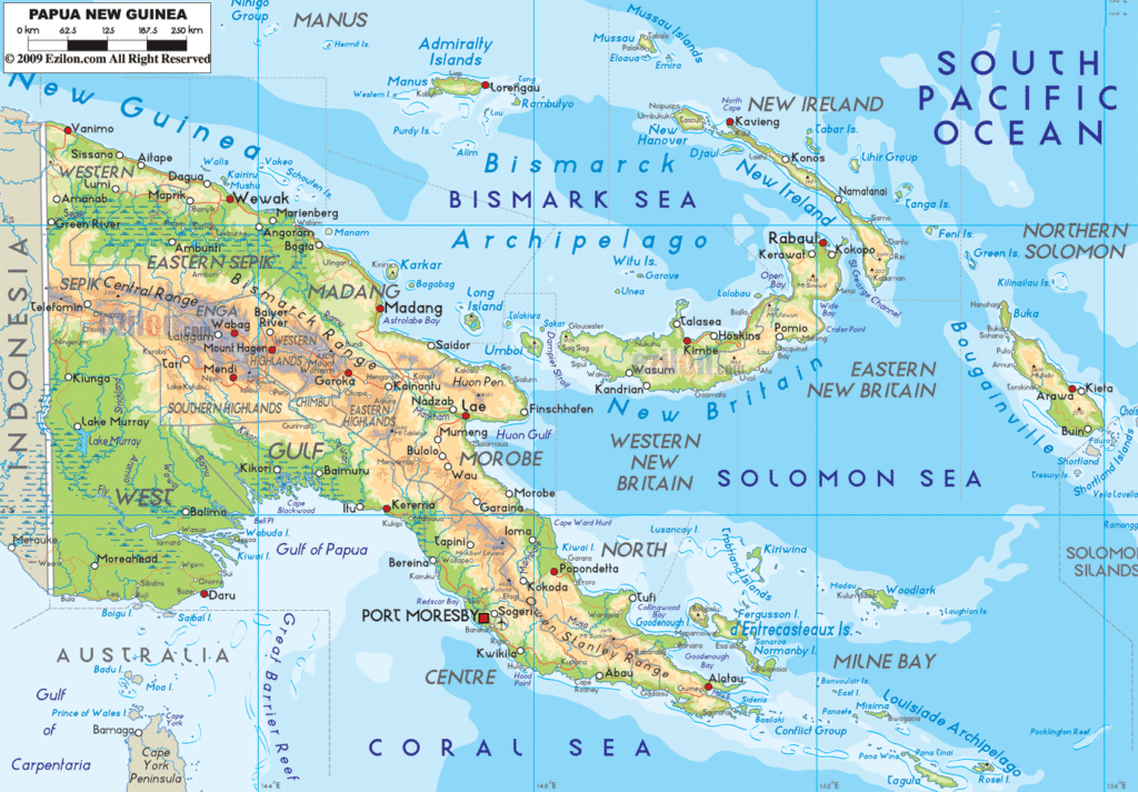 Papua New Guinea physical map.