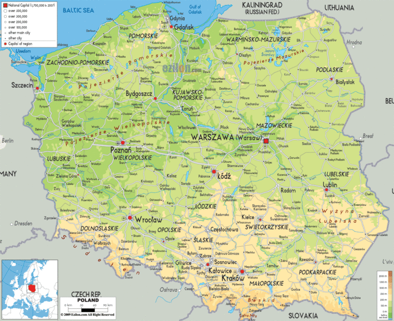 Bản đồ tự nhiên Ba Lan khổ lớn