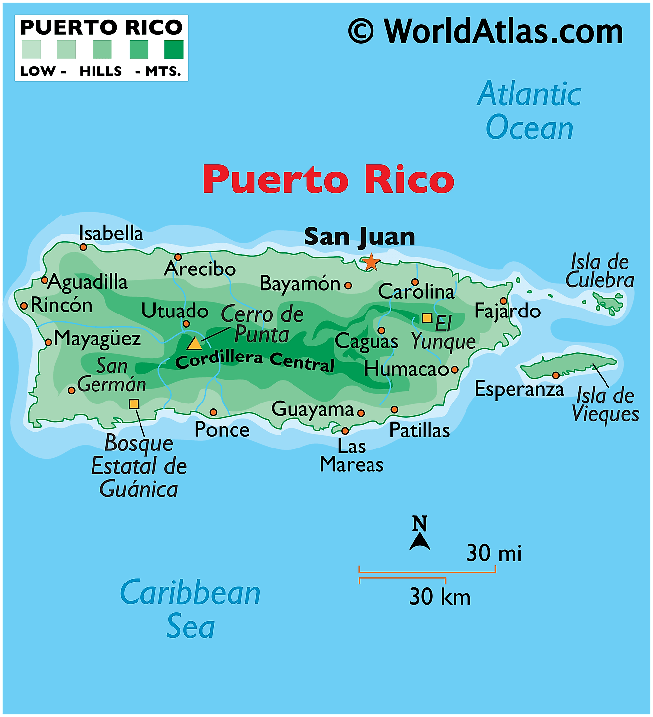 Bản đồ vật lý của Puerto Rico