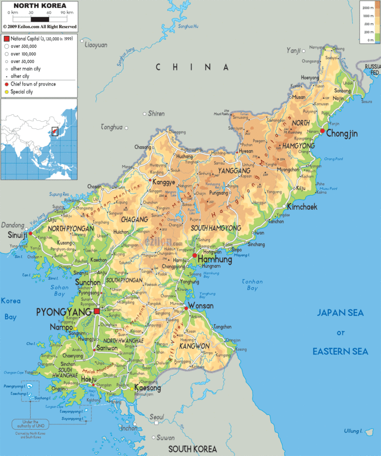 Bản đồ tự nhiên Triều Tiên khổ lớn