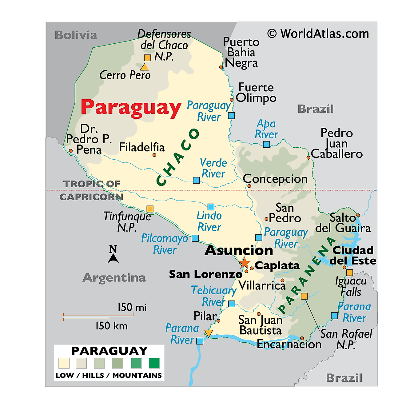 Physical Map of Paraguay