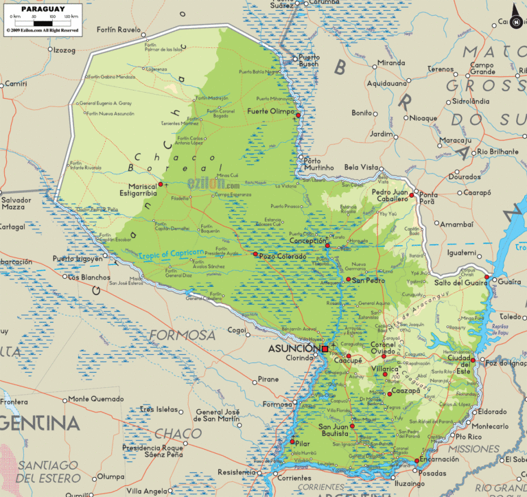 Bản đồ tự nhiên Paraguay khổ lớn